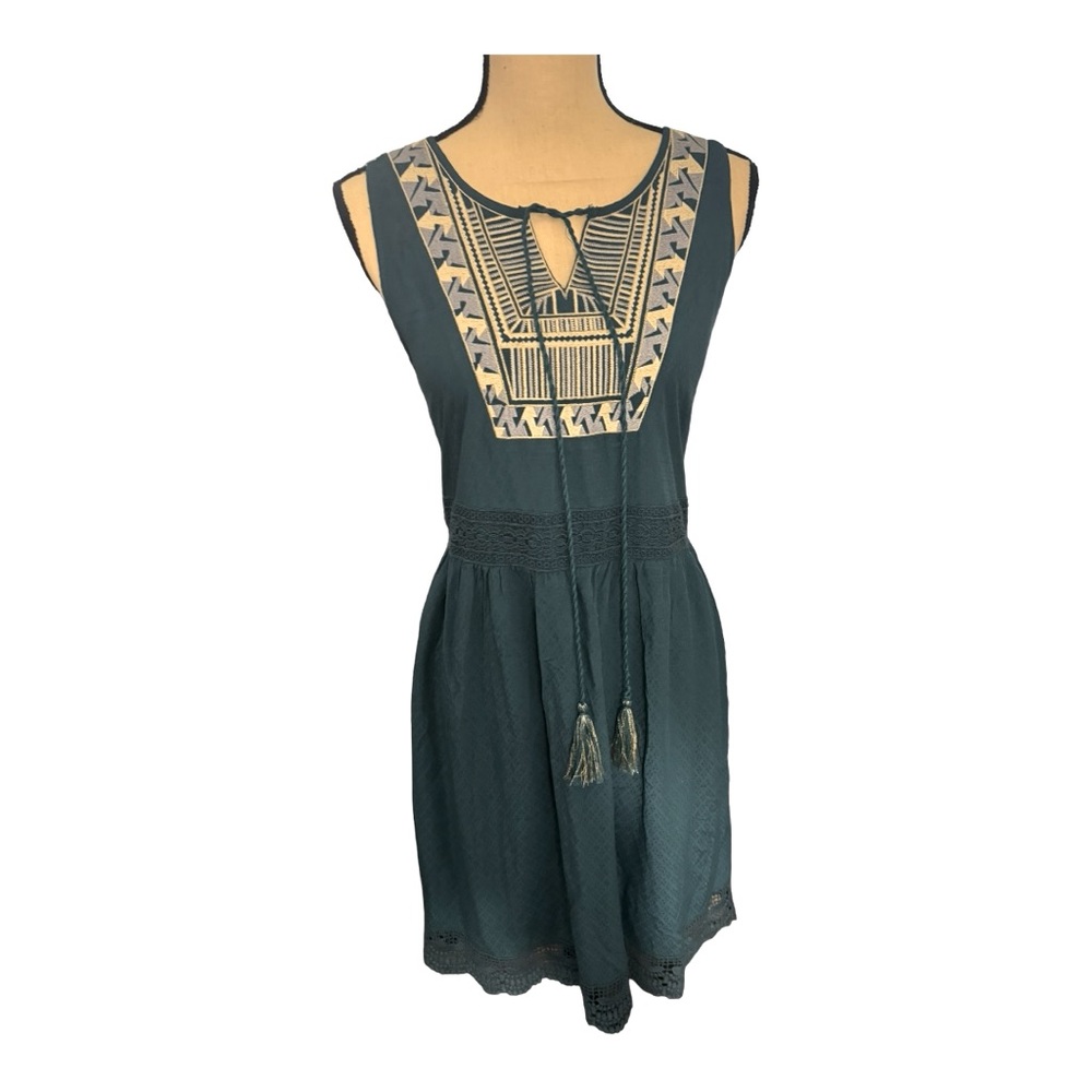 Anthropologie Ella Moon Embroidered Tassel Trimmed Teal Dress SZ Small NWT
